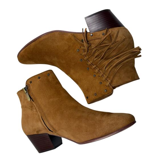 SAM EDELMAN | Rudie Brown Leather Fringe & Studded Ankle Booties 9m side zip - Picture 9 of 15